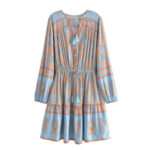 Blue Floral Print Bohemian Mini Dress , Rayon Boho Dress