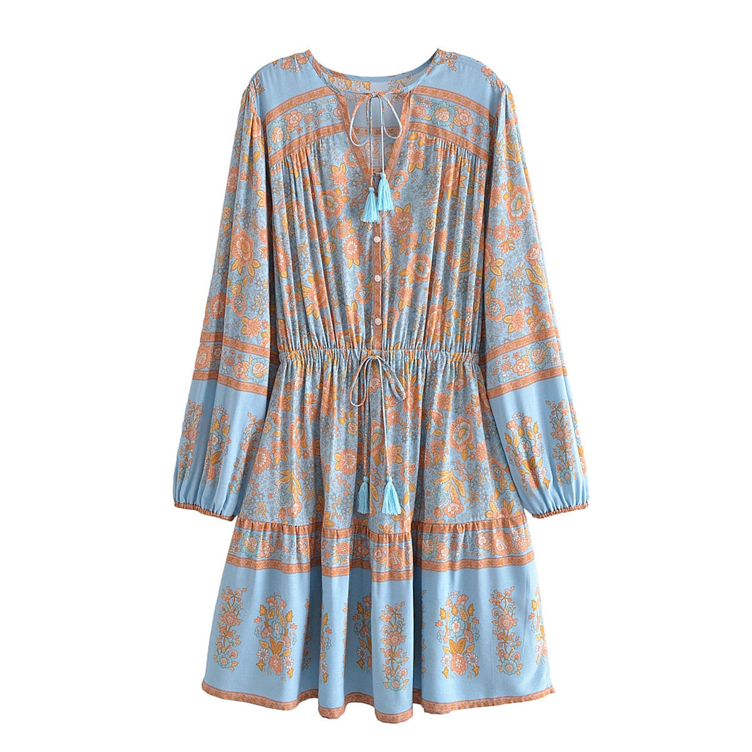 Blue Floral Print Bohemian Mini Dress , Rayon Boho Dress