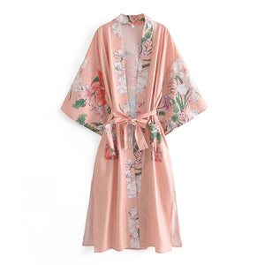 Peacock pink Floral Print, bohemian robe ,Boho Maxi Kimono