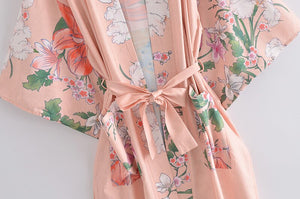 Peacock pink Floral Print, bohemian robe ,Boho Maxi Kimono