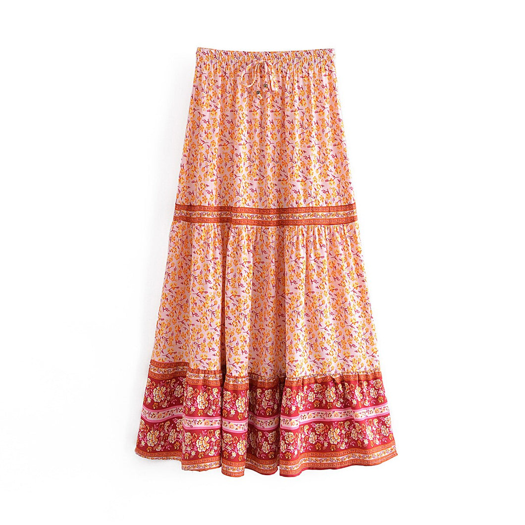 Pink Floral Print,Bohemian Long Skirt,Boho Maxi Skirt