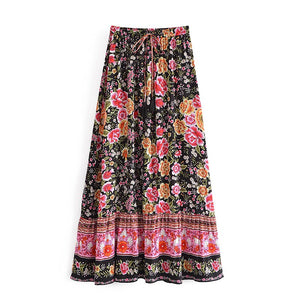 Black Floral Print，Bohemian Skirt，Boho Maxi Skirt