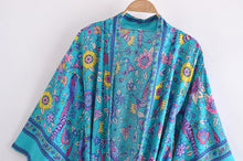 Load image into Gallery viewer, Green Peacock Floral Print,Bohemian  Kimono,  Boho Maxi Dress
