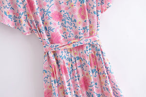 Pink floral print ,Boho dress, Bohemian Wrap Dress