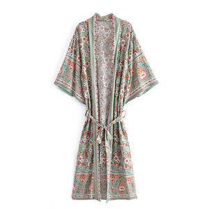Green Floral Print , Bohemian  Blouses,Boho Kimono