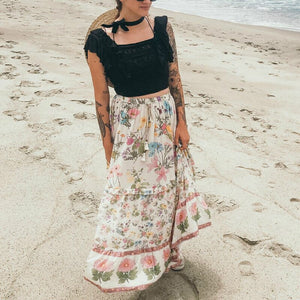 Floral Peacock Printed, Boho Maxi Skirt, Vintage Skirt