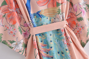 Peacock pink Floral Print, bohemian robe ,Boho Maxi Kimono