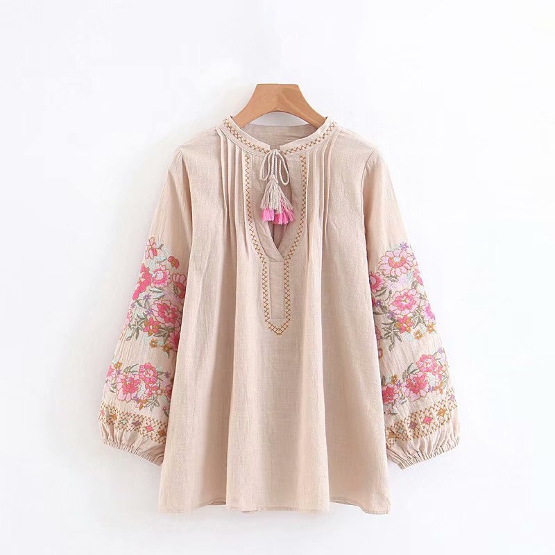 Boho Blouse, Vintage Blouse,Embroidery Linen cotton