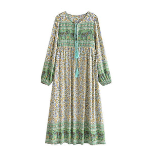 Elephant Green Floral ，Bohemian Maxi Dress，Boho Dress