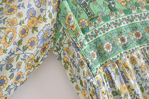Elephant Green Floral ，Bohemian Maxi Dress，Boho Dress