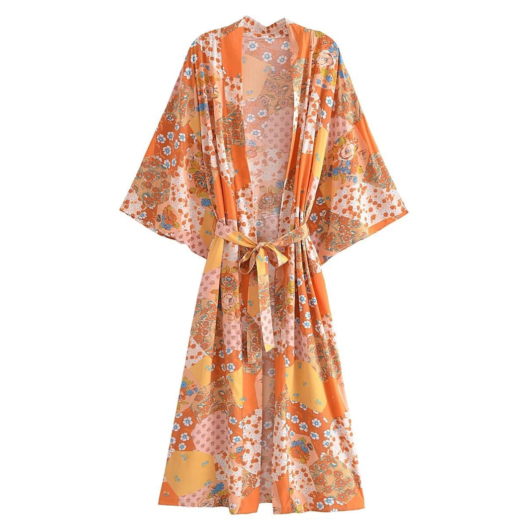 Multi Floral Print ,Sashes Bohemian Kimono,  Robe Bikini Cover-ups