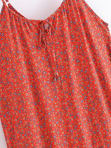 Red Floral Sleeveless ,Beach Bohemian Dress,Boho Midi Dress Robe