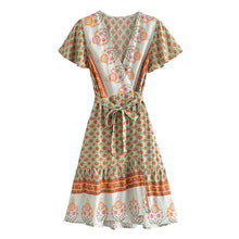 Load image into Gallery viewer, Green Floral Print,Beach Wrap Mini Dress,Boho Dresses
