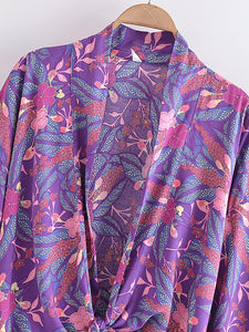 Boho Kimono ,Short Robe,Bikini Cover Ups ,Purple Floral