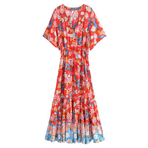 Red Floral Print, Beach Bohemian Dress,Maxi Boho Dress