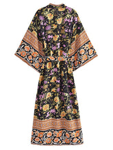 Load image into Gallery viewer, Black Floral Print ,Bohemian Kimono Robe ,Boho Bikini Cover-ups
