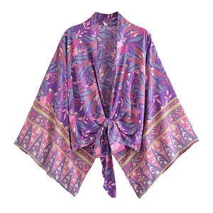 Boho Kimono ,Short Robe,Bikini Cover Ups ,Purple Floral