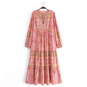 Pink Floral Print, Beach Maxi Dresses Robe,Bohemian Dress
