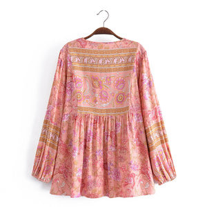 Pink Floral Print,Bohemian Shirt ,Boho Blouse