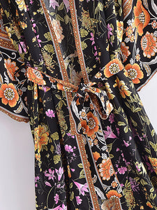 Black Floral Print ,Bohemian Kimono Robe ,Boho Bikini Cover-ups