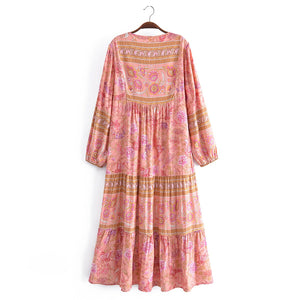 Pink Floral Print, Beach Maxi Dresses Robe,Bohemian Dress