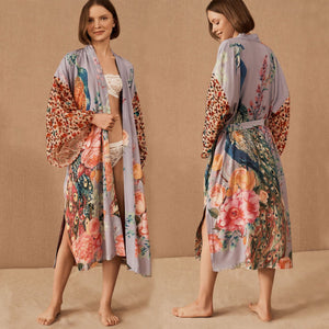 Floral Print Kimono,Bohemian Cover-ups,Boho Robe