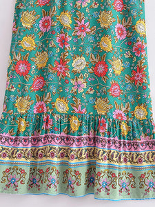 Green Floral Sleeveless ,Beach Bohemian Dress,Boho Midi Dress Robe