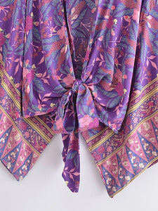 Boho Kimono ,Short Robe,Bikini Cover Ups ,Purple Floral