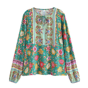 Green Floral Print,Bohemian Blouse Shirts ,Boho Tops