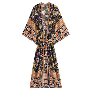 Black Floral Print ,Bohemian Kimono Robe ,Boho Bikini Cover-ups