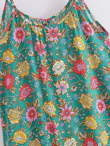 Green Floral Sleeveless ,Beach Bohemian Dress,Boho Midi Dress Robe
