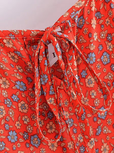Red Floral Sleeveless ,Beach Bohemian Dress,Boho Midi Dress Robe