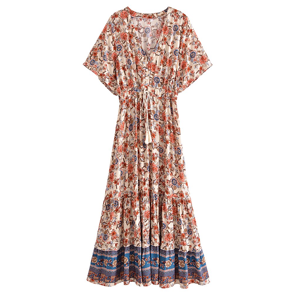 Vintage Floral Print,Beach Bohemian Maxi Dress, Boho Dress Robe