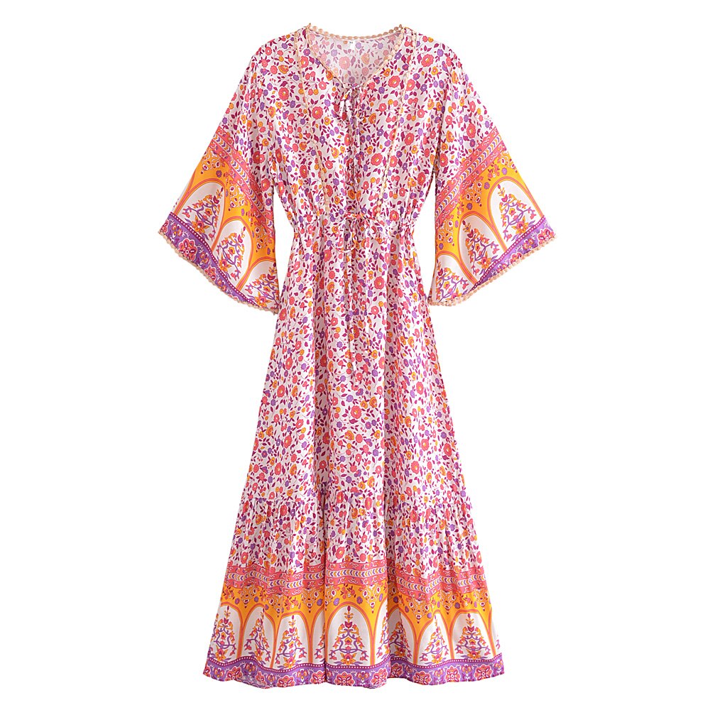 Pink Floral Print ,Bohemian Maxi Dresses Robe,Boho Dress