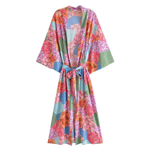 Multi Floral Print ,Sashes Bohemian Kimono,  Robe Bikini Cover-ups