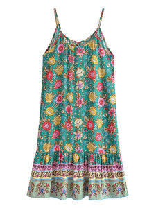 Green Floral Sleeveless ,Beach Bohemian Dress,Boho Midi Dress Robe