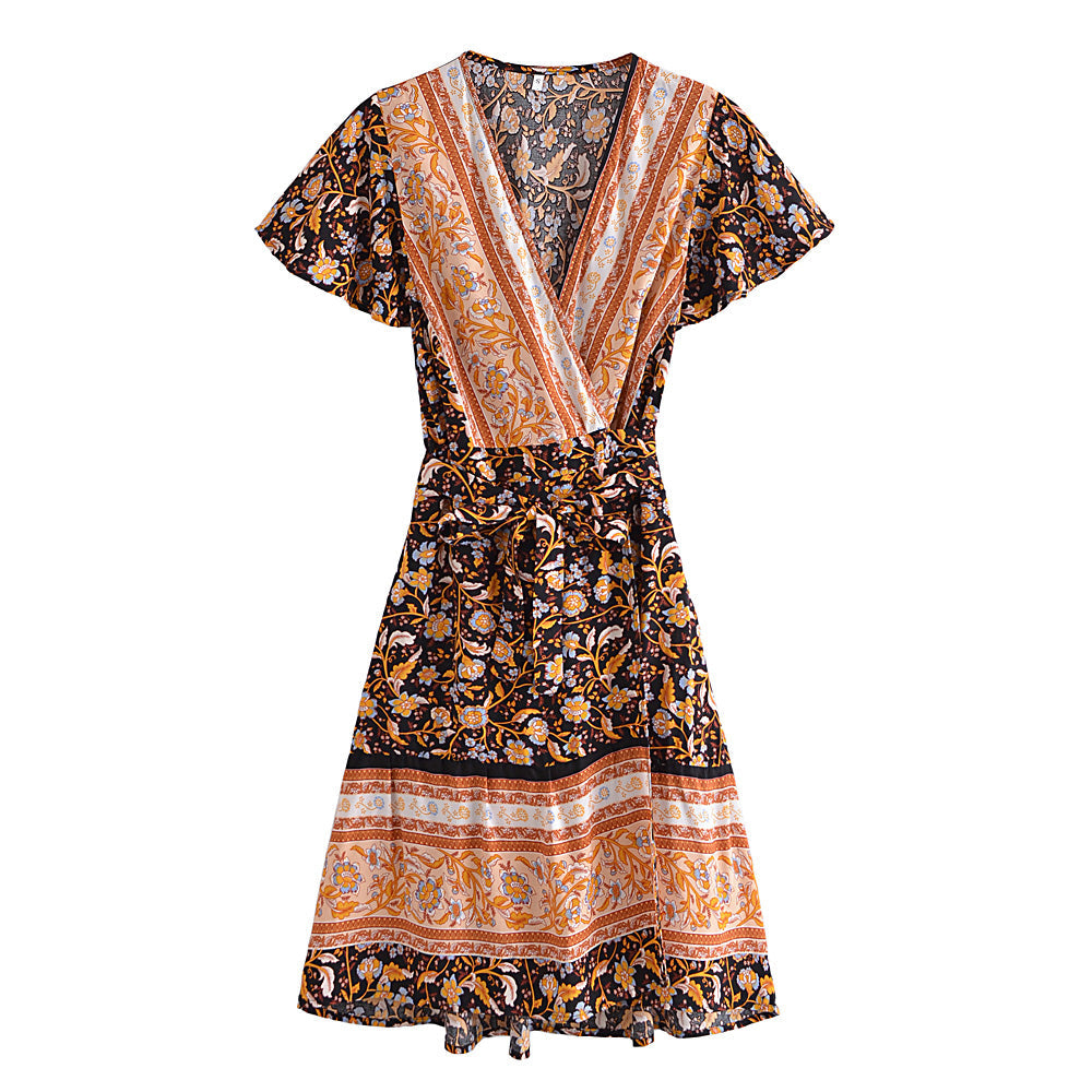 Floral Print,Beach Wrap Mini Dress,Boho Dresses