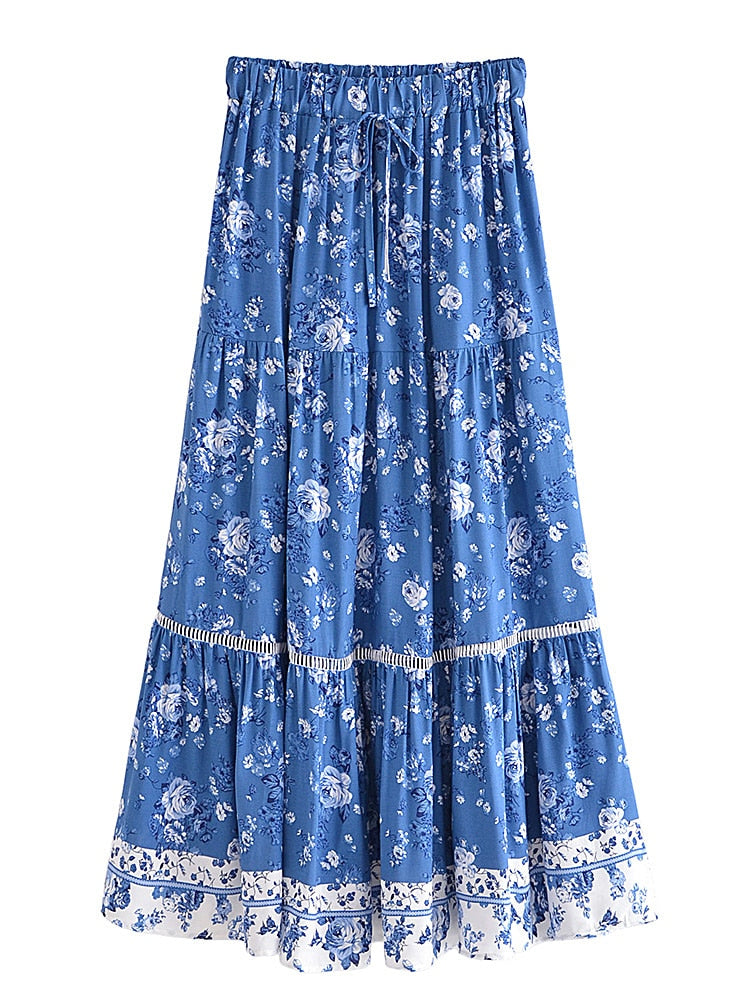 Elastic Waist Boho Skirt,A-line Maxi Skirts