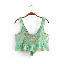 Load image into Gallery viewer, Boho Tops,Gypsy Green Floral  ,Bow Tie Tanks
