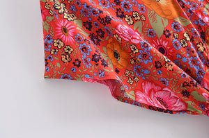 Red Floral  Bohemian Maxi Dress，Rayon Cotton Beach Boho Dress