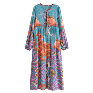 Star and Moon Print Boho Dress,Bohemian Maxi Sundress