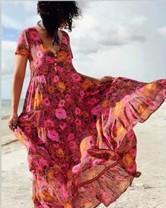 Red Floral Print,Bohemian Maxi Sundress,Boho Dress