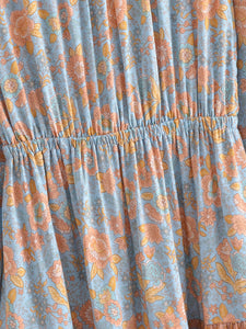 Blue Floral Print Bohemian Mini Dress , Rayon Boho Dress