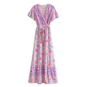 Pink floral print ,Boho dress, Bohemian Wrap Dress