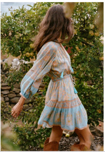 Blue Floral Print Bohemian Mini Dress , Rayon Boho Dress