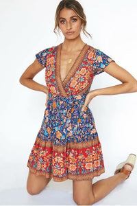 Bohemian Mini Dress, Boho Wrap Dress,Floral Print