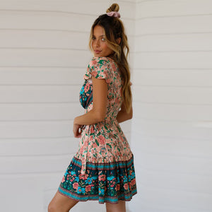 Bohemian Mini Dress, Boho Wrap Dress,Floral Print